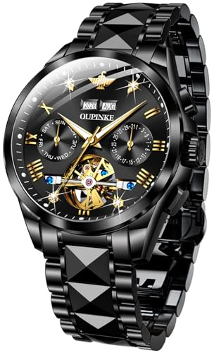 OUPINKE Schweizer Markenuhr für Herren, luxuriös, Skelett, automatisch, mechanische Armbanduhr, selbstaufziehend, Saphirglas, Wolfram, wasserdicht