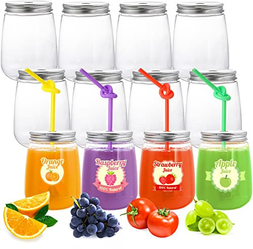Elsjoy 12 Stück Kunststoff-Saftflaschen mit Deckel und Strohhalmen, 500ML Wiederverwendbar für Smoothie-Tassen, Breite Entsaftflaschen, Durchsichtig für Eiskaffee, Milch, Tee, Aluminiumkappen