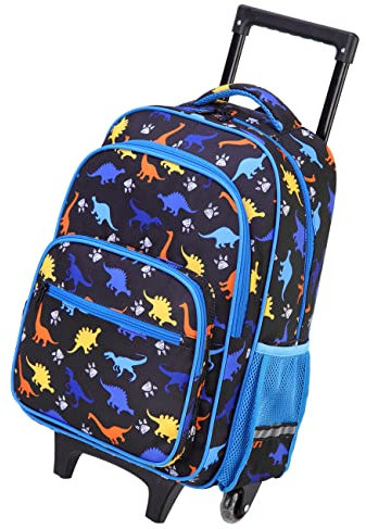 VASCHY Rollrucksack Kinder, Wasserabweisender Strapazierfähiger Trolley Kindergarten Rollrucksack Schulrucksack für Jungen Handgepäck Büchertasche mit Rollen Schwarz Dinosaurier