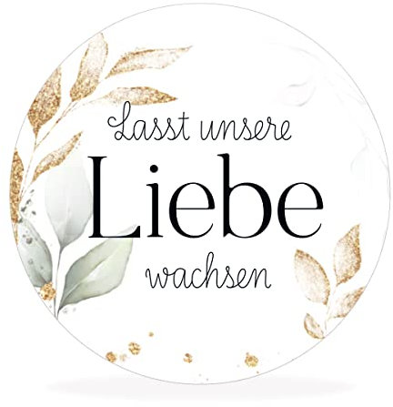 white&ivory, 50x runde Aufkleber, Sticker lasst unsere Liebe wachsen | stilvolles Design: Eukalyptus, gold | 4cm Durchmesser | selbstklebend | Gastgeschenke für Hochzeit Taufe Geburtstag