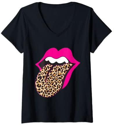 Damen Leopard und Hot Pink Lippe & Zunge T-Shirt mit V-Ausschnitt