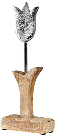 levandeo Tulpe Aufsteller H27cm Mango Metall Holz Braun Silber Tischdeko Blume Frühling Deko Figur Wohndeko