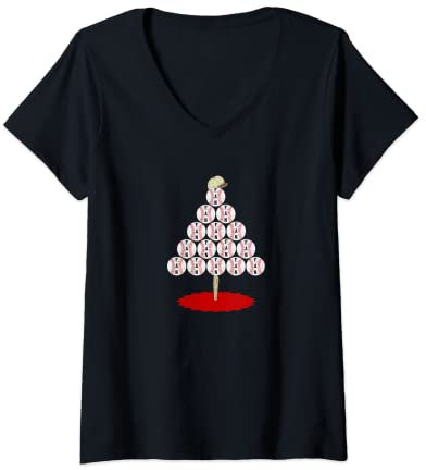 Damen Baseball-Fan Weihnachtsbaum mit Kugeln lustige Baseball-Fans T-Shirt mit V-Ausschnitt