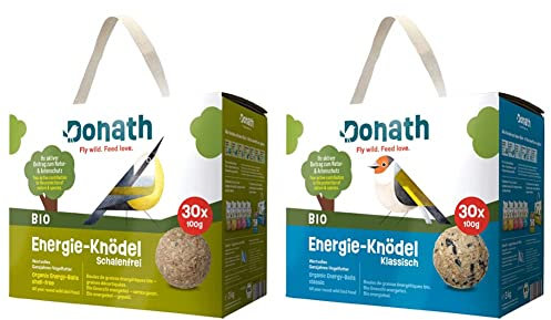 Donath BIO Energie-Knödel schalenlos, ohne Netz - 30 Meisenknödel ohne Netz im Karton (30 x 100g) - Schalenfrei - wertvolles Ganzjahres Wildvogelfutter & Donath BIO Energie-Knödel klassisch, ohne Netz