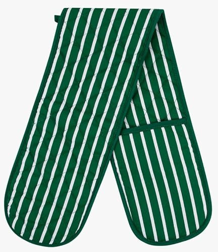 Green Oven Gloves for Kitchen Baking and Cooking, Professional Heavy Duty Butchers Stripe Double Oven Gloves for Pot Pan Tray, Green Heat Resistant Oven Gloves