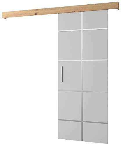 KRYSPOL Schiebetürsystem Salwador 3 Komplett-Set für Schiebetüren, Trennwände Innentüren, Modern Design (weiß matt/Gitter: Artisan Eiche/Griff und Streife: silber)