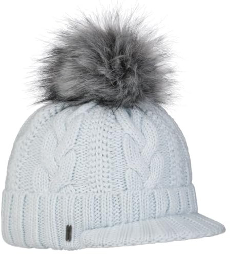 McBURN Britta Cable Knit Peak Pull On Mütze Bommelmütze Wintermütze Strickmütze Damen - Made in Italy mit Schirm, Futter, Futter Winter Herbst-Winter - One Size hellblau