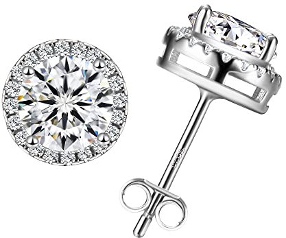 Blahanna Boucles d'oreilles à tige en moissanite Halo - Coupe ronde brillante - Couleur D - Clarté VVS1 - Diamant créé en laboratoire - Plaqué or blanc 18 carats - Hypoallergénique - Argent sterling