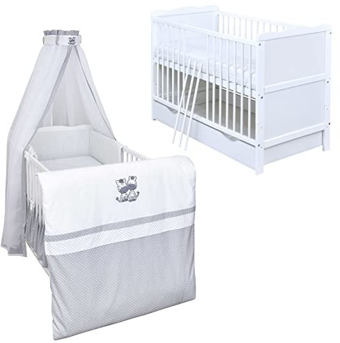 Generisch Baby Delux Babybett Komplett Set Kinderbett umbaubar zum Juniorbett 140x70 weiß Schublade Matratze Bettset mehrteilig (Zebra)
