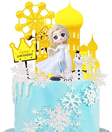 Spielzeug für Mädchen von Elsa,Doyomtoy Princess Cake Toppers, ElsaThema für Kinder Geburtstag, Eiskönigin Geburtstagsdekoration,Acrylschneeflocken,chloss,Olaf