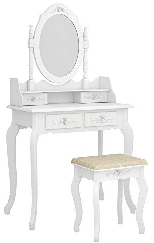 LEADZM Coiffeuse avec Miroir et Tabouret, Table de Maquillage pour Chambre à Coucher, Miroir Pivotant à 360°, 4 Tiroirs, 75 x 40 x 142.5 cm, Blanc