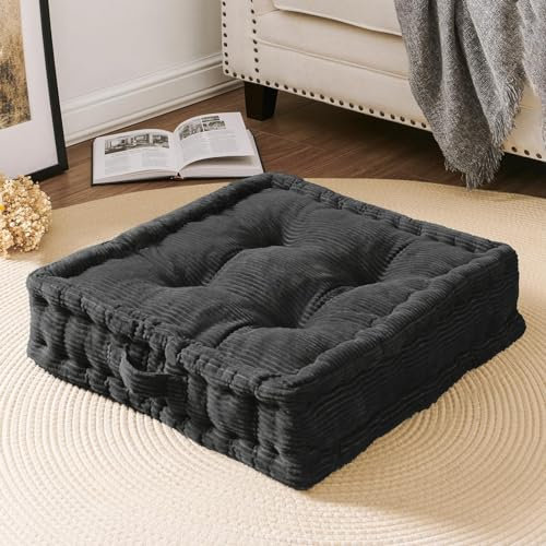 Wellsin Quadratisches Bodenkissen für Erwachsene und Kinder, Meditations-Bodenkissen, getuftetes Bodenkissen mit geschreddertem Memory-Schaum und Samtbezug, 1 Stück, 50,8 x 50,8 cm, Grau