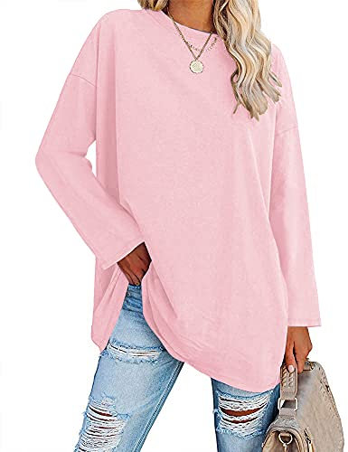 Ebifin Oversized T Shirts Women Long Tops Long Sleeve T Shirt Crewneck Tunic Tops Bluse Sweatshirts.Pink.L