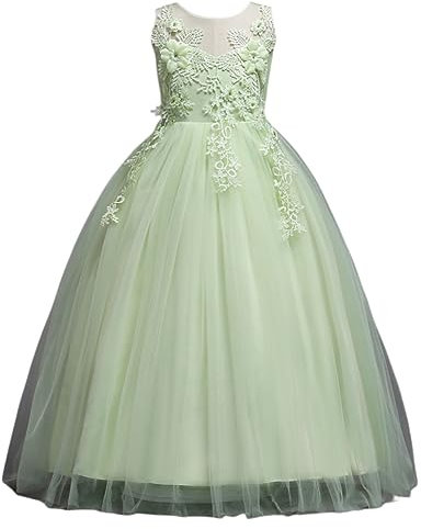 DISSA Robe pour Filles Princesse Vert sans Manche Robes de Bal Tulle Robe de Soirée de Mariage Enfants Dentelle 11-12 Ans,D832