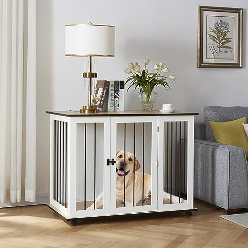 Panana Furniture Style Dog Crate, Puppy Cage End Table With Metal Wire, Indoor Dog Pet Kennel House with Doors (White Brown 106x 60 x 82cm)