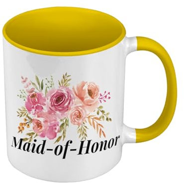 Tasse, hochwertig, Gelb – Maid of Honor Wedding Bride Watercolor Bouquet – Tasse mit Henkel und farbigem Innenfutter
