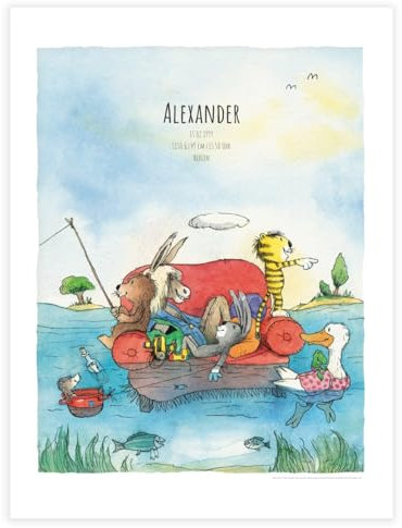 Janosch »Hurra, das Kind ist da!» – hochwertiger personalisierbarer Kunstdruck/Poster mit Tiger & Bär Motiv