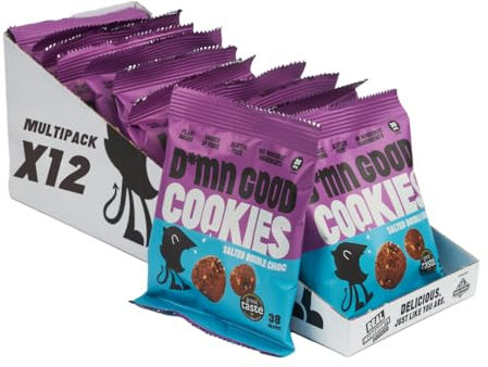 D*mn Good Mini Biscuits - Salted Double Chocolate Cookies - Vegan - Plant Based - Gluten Free - Dairy Free - Low Sugar - High Fibre - Delicious All Natural Snacks (12 Pack)