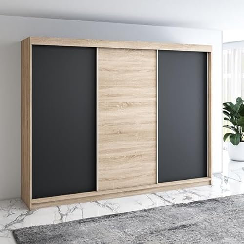 A&J MöbelLand Moderne 3-türiger Kleiderschrank mit Schwebetüren und 4 Schubladen, 200 cm, Weiß (Sonoma/schwarz/Sonoma/schwarz)