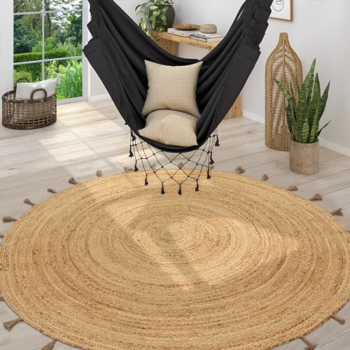 Paco Home Teppich Rund Wohnzimmer Jute Boho Ethno Muster Modern Handgefertigt Naturteppich, Grösse:120 cm Rund, Farbe:Natur 6