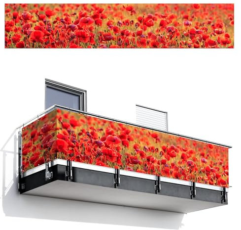 MuchoWow© Balkon Sichtschutz Einseitig 95x500 cm Groß PVC Kunststoff Garten Windschutz ohne Bohren Wetterfest Sichtschutzzaun Terrasse Balkonverkleidung Deko Mohnblumen - Blumenfeld - Natur