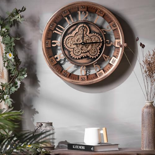 K&L Wall Art 46cm große Zahnrad Wanduhr industrielle Wohnzimmeruhr XXL Vintage Metalluhr bewegliche Zahnräder (Antike Kupfer- Goldoptik)