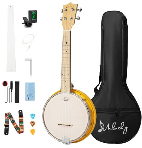 Mulucky Banjolele mit 4 Saiten, kleine Banjo-Ukulele mit Anfänger-Set, Gelb (BU80-Y)