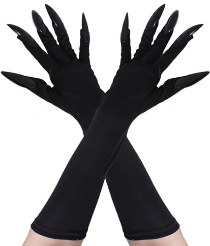 ASFWAGQ Costume Gloves Halloween Long Nail Gloves Cosplay Fingernails Cosplay Props with Claws (Black/Nails Black, One Size)