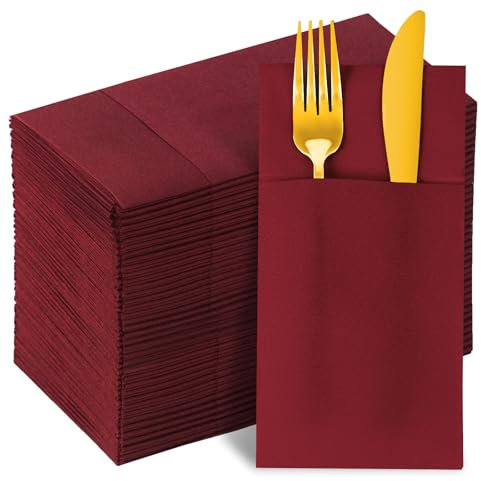 KAMMAK Wine Red Cloth Like Paper Dinner Napkins 100 Pack Folded With Pocket Guest Hand Towels For Party Reception, Bathroom, Kitchen, Restaurants (15.7 x 16.5 inch)