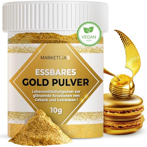 MARKETIFAR Essbarer Glitzer - 10g Goldpulver Essbar - Lebensmittelfarbe Gold - Glitzer für Getränke - Goldpuder Essbar zum Dekorieren - Goldstaub Perfekt für Cocktails und Kuchen - Vegan und ohne E171
