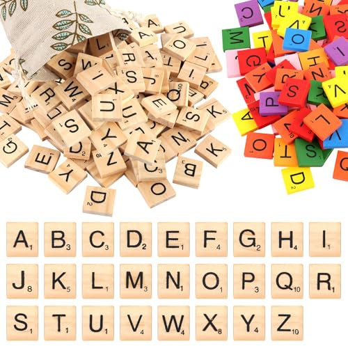 RISF 204 Stück Holzbuchstaben Set, A Bis Z Scrabble Buchstaben Holz, 20 x 18 x 5mm Holzbuchstaben Klein mit Kordelzugbeutel, Holz Alphabet Fliesen für Lernen, Rechtschreibung, Brettspiele