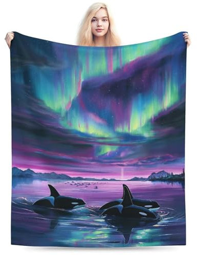 Orca Pod Under Northern Lights Decke, weich und gemütlich für Erwachsene und Kinder, einzigartiges Geburtstagsgeschenk, perfekte Heimdekoration, Decke, ideal für Couch, Bett, Büro, Reisen, alle