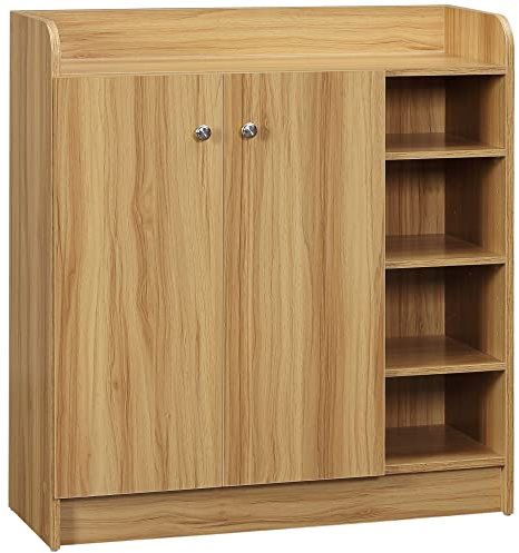 HOMCOM Mueble zapatero para pasillo - mueble zapatero con 4 compartimentos abiertos y armario de doble puerta - estantes regulables - 83L x 30W x 90H cm - marrón