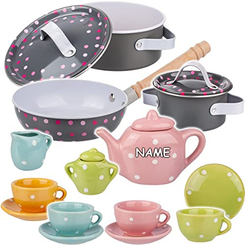 alles-meine.de GmbH 18 TLG. Set Kinder - Puppengeschirr + Kochset & Topfset - inkl. Name - Antihaft Kochtopfset - aus Metall/echte Edelstahl Blech Töpfe/Panne + Küchenhelfe..