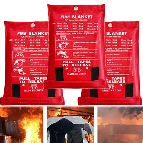 QSLKI 3 Stück Löschdecke Küche Feuerlöschdecke, 1m x 1m Glasfaser Feuerdecke nach DIN EN 1869:2019, Retardant Decken Feuerdecke in Rotem für Küche, Kamin, Grill, Auto, Camping, Garage