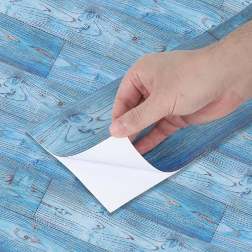 Inscrip PVC Bodenbelag Selbstklebend, 10 Stück Vinylboden, Abziehen und Aufkleben, Wasserfest Vinyl Laminat Rutschfeste Dekor-Dielen für Schlafzimmer Küche Wohnzimmer,Holzoptik (Blau, 40x15cm)