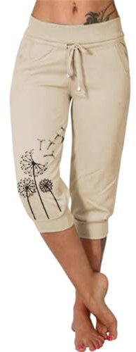 Generisch Lässige, einfarbig Bedruckte Damenhose mit elastischem Gürtel in der Taille, mittellange Hose Klamotten Damen Tumblr Hose (Khaki, M)