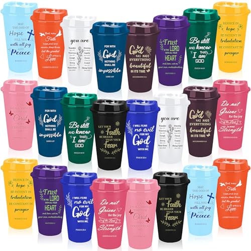 24 Pcs Bulk Christian Gifts Cups with Bible Verse Plastic Tumbler 470 ml Inspirational Religious Spiritual Cups with Lids Christian Easter Gifts for Women Mother Sister Coworker (Colorful)