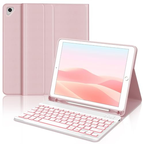 WAVATA Clavier pour iPad 9.7 6ème/5ème Génération 2018/2017 avec Rétroéclairé, Étui Clavier pour iPad Pro 9.7, Air 2/1 Magnétique Amovible Français AZERTY Layout, Rosa