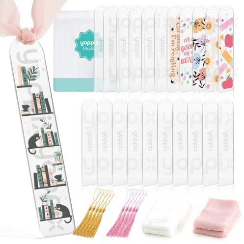 YOPPIX 30 Stück Acryl-Lesezeichen, blanko (1 mm) – klare Acryl-Lesezeichen mit 20 Stück Band und 10 Stück Quasten für Leseliebhaber, Bastelarbeiten, Geschenke für Buchliebhaber, Schulabschluss