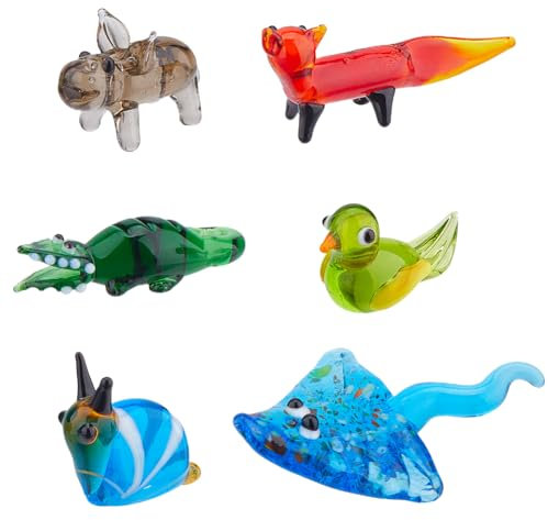 Hobbspring 6 Stück Mundgeblasene Glasfiguren Miniatur Tier Glasdekor Buntes Glas Fuchs Krokodil Mantarochen Schnecke Nilpferd Vogel Schaudekorationen Für Zuhause Sammlerstücke Geschenke
