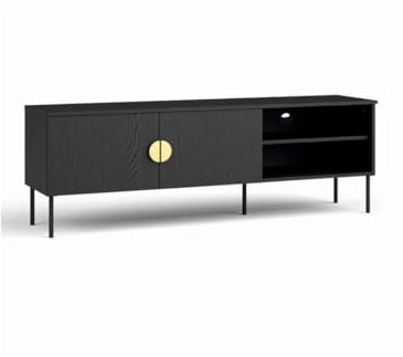 Meublorama Meuble TV 2 portes - Noir avec poignées dorées - 160 CM - Collection Monde