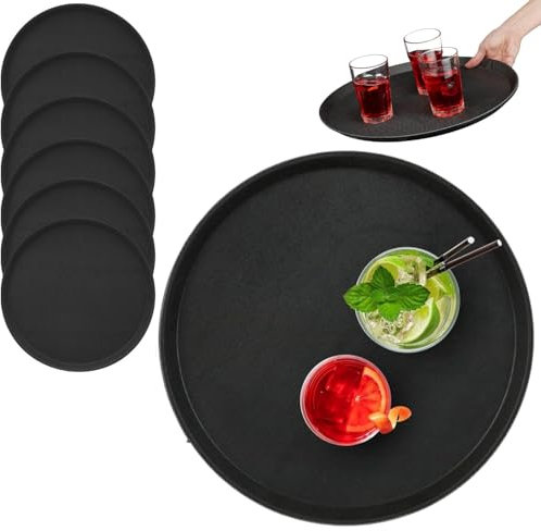Set de Bandejas para Servir Camareros, Bar, Gastro, Redondas 40cm Ø, Gastronomía, Tabla Servir, Revestimiento Antideslizante Borde Alto (6X Color Negro)