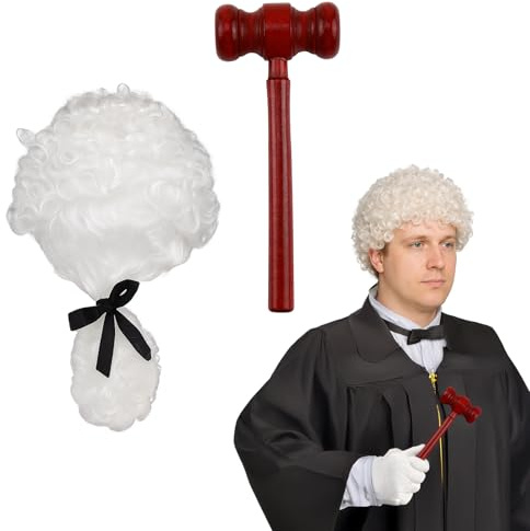 HotoPink 2 Pcs Judge Costume Accessories, Judge Wig with Mini Wooden Gavel, Courtroom Judge Cosplay Set for Halloween, Role-Playing, Theme Parties Cosplay Accessories White