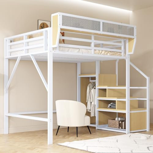 Dolamaní Letto a soppalco 140 x 200 cm, telaio in metallo con scala di sicurezza e armadio, altezza 191 cm, letto con rete rimovibile e protezione dalle cadute, per adolescenti adulti (bianco)