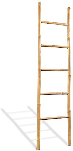 HOMTAKIE Echelle à Serviettes 5 Echelons Tangement de Serviettes Porte-Serviettes Support Douche Salle de Bain Maison Intérieur Bambou 150 cm