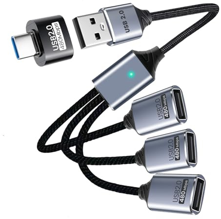 Seminer Divisor USB de 3 puertos con adaptador USBC para laptop, cable de extensión de 1 en 3 salidas, cable de datos y alimentación, compatible con PC, teclado, mouse, Mac, unidad flash PS4