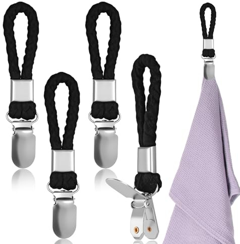 SHENLIU 4 Stück Handtuchclips, Schwarzer Handtuchklammern Handtuchclips mit Schlaufen Handtuch Aufhänger Ohne Nähen Handtuchclip Handtuch Aufhänger Zum Aufhängen Von Häusern Schränken Und Badezimmern