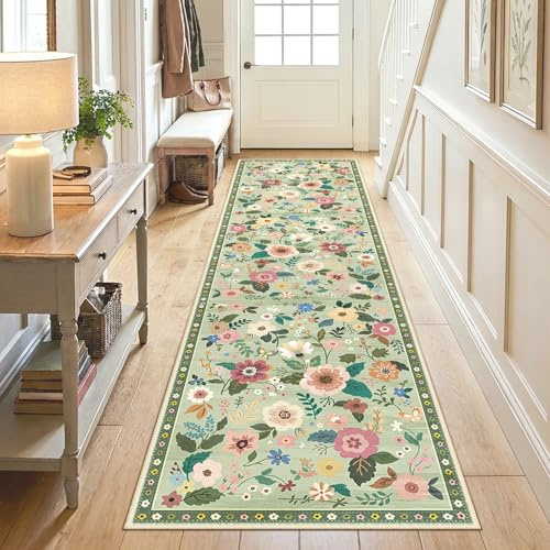 DEFYNEE Teppich Läufer Flur 60x240cm Hellgrün, Waschbar Teppichläufer | Boho Vintage Blumenmuster Läufer Teppiche, Waschbarer Rutschfester Kurzflor Weich für Küche Eingang Schlafzimmer & Korridor
