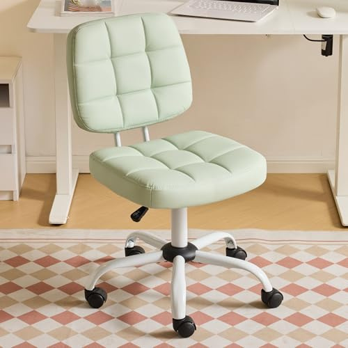 Bonnlo Armless Office Swivel Computer Desk Chair with Wheels, Height Adjustable Vanity Chair without Armrest, Dressing Table Stool for Small Space, Bedroom, PU Leather, Green